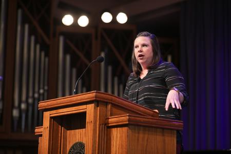 Julie Bradfield, interim senior director of university ministries & director of student mobilization, speaks in chapel from Colossians 1:1-14. - Photo by Kristi McMurry Woody