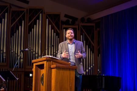 David Carothers, pastor of discipleship at First Baptist Church in Jackson, speaks in chapel. - Photo by Nikki Grim