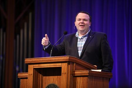 Josh Clarke, president of Doulos Partners, speaks in chapel. - Photo by Kristi McMurry Woody