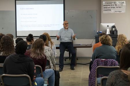 Illustrator Ron Mazellan gives an artist lecture to art students and faculty. - Photo by Lynn Tucker