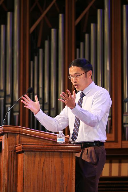 Kevin Chen, associate professor of Biblical Studies, speaks in chapel. - Photo by Hannah Heckart