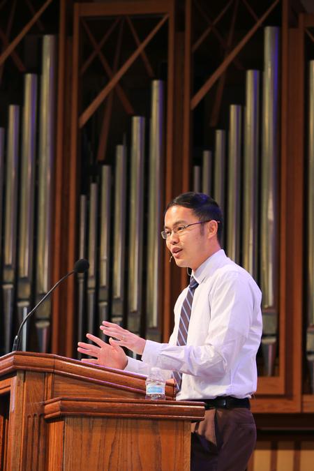 Kevin Chen, associate professor of Biblical studies, speaks in chapel. - Photo by Hannah Heckart
