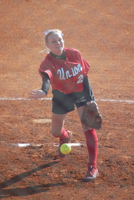Mary Kosco delivers a pitch during her win over Lindsey Wilson. - Photo by Steven Aldridge