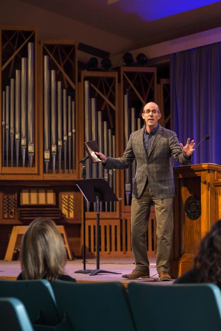 Kevin Ueckert, pastor of FBC in Georgetown, Texas, speaks in chapel on Psalm 19. - Photo by Riley Boggs