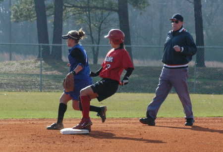 Holly Haycraft glides into second base for one her record setting steals.  She holds Union career stolen base record and set a new mark with each stolen base. - Photo by Steven Aldridge