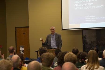 Douglas Moo, professor of New Testament at the Wheaton College Graduate School, speaks on creation at first School of Theology and Missions Lecture. - Photo by Riley Boggs