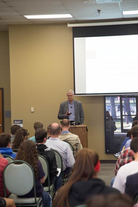 Douglas Moo, professor of New Testament at the Wheaton College Graduate School, speaks on creation at first School of Theology and Missions Lecture. - Photo by Riley Boggs