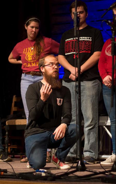 Students in Blank Slate Improv perform before the Homecoming Concert in the chapel. - Photo by Nikki Grim