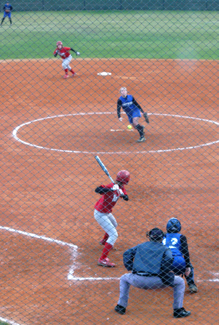 Kim Fuchs awaits a pitch from a Lindsey Wilson pitcher as Kylie Sullivan advances off of second base. - Photo by Steven Aldridge
