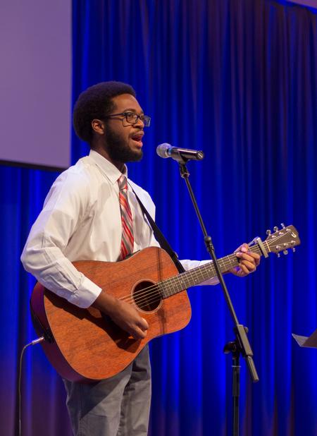 Richard Kidd, junior worship leadership major, leads worship during chapel. - Photo by Nikki Grim