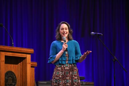 Camille Pauley, president and CEO of Healing the Culture, speaks in chapel about pro-life advocacy.  - Photo by Kristi McMurry Woody