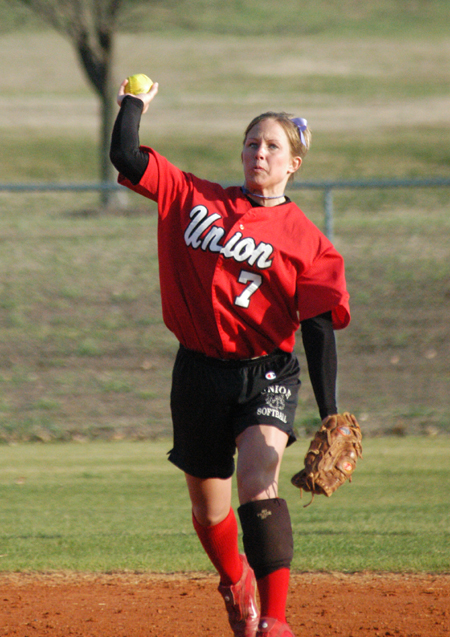 Sara Batey makes a throw across the diamond from shortstop in a Union win over Lindsey Wilson. - Photo by Steven Aldridge