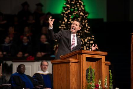 Chad Wilson, chairman of the board of trustees and president of Foundation Bank, gives the commencement speech and Fall Commencement.  - Photo by Kristi McMurry Woody