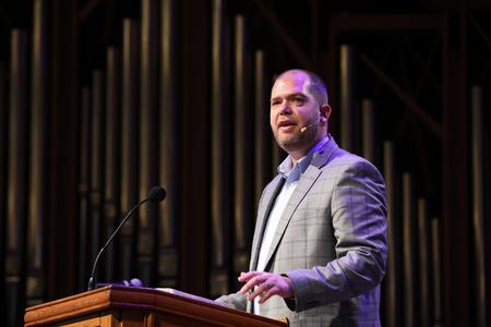 Rob Armstrong, senior pastor of Harrisburg Baptist Church in Tupelo, Mississippi, shares a message on James 1:1-8 in chapel. - Photo by Sarah Palmer Goff