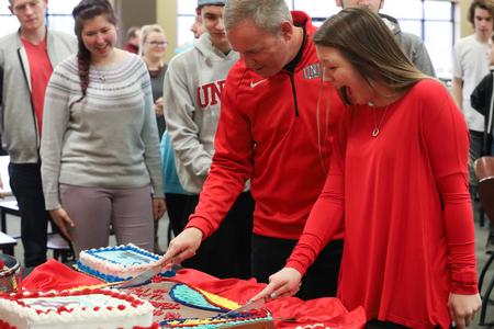 Dub Oliver, president of the university, and Gabby Morocco, SGA president, cut the birthday cake during Union's 196th birthday celebration.