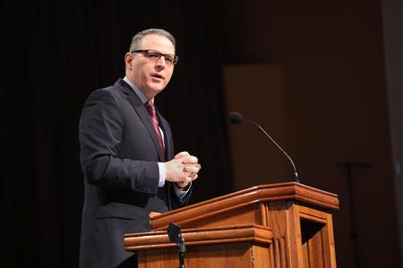 Keith Bates, professor of history, speaks in chapel on Founders' Day. - Photo by Sarah Palmer Goff