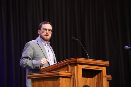 Grant Taylor, associate dean for academic affairs and assistant professor of divinity at Beeson Divinity School speaks on James 2:1-13 as part of the Fruit That Works sermon series. - Photo by Sarah Palmer Goff