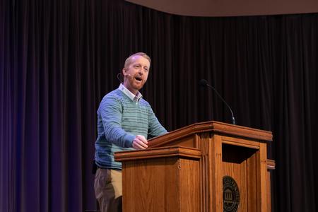 Bryan Jerry, lead pastor of Light in the Desert Church in Mesa, Arizona, speaks on James 1:19-27 during chapel. - Photo by Joey Echeverria