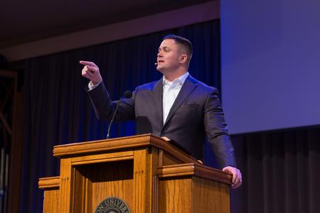 Grant Gaines speaks in chapel. - Photo by Nikki Grim