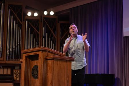 Josh Allen, pastor at Christ Place Church in Gainesville, GA, speaks in chapel. - Photo by Joey Echeverria