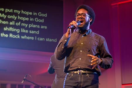 Richard Kidd, music major, performs with the music department during the Night of Worship at Englewood Baptist Church. - Photo by Nikki Grim