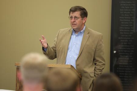 Ray Van Neste, dean of the School of Theology and Missions, introduces the speaker for a lecture series in the Coburn Dining Room. - Photo by Kristi McMurry Woody