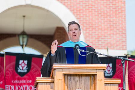 Brent Ellis, president of Spring Arbor University in Spring Arbor, Michigan, delivers the commencement address at spring commencement. - Photo by Kristi McMurry Woody