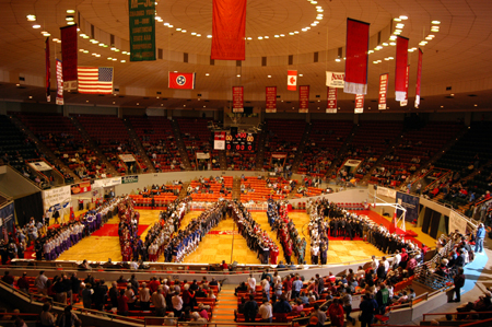 All 32 participating teams formed the letters "NAIA" during the opening ceremonies of the 2005 NAIA National Tournament. - Photo by Morris Abernathy