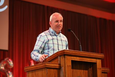 Dub Oliver, president of the university, speaks to parents and new students at the beginning of Welcome Week. - Photo by Sarah Palmer Goff