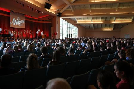 Students and their families enjoy the welcome chapel during Move-in Day. - Photo by Sarah Palmer Goff