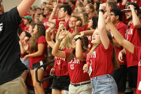 New students learn cheers during the Welcome Week spirit rally. - Photo by Kristi McMurry Woody