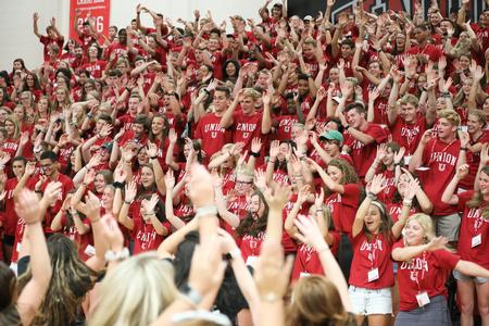 New students practice their Bulldog cheers at the Welcome Week spirit rally. - Photo by Kristi McMurry Woody