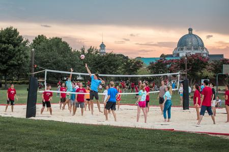 New students play sand volleyball during the Welcome Week SAC Fest. - Photo by Kristi McMurry Woody