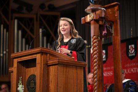Gabby Morocco, psychology major and SGA president, speaks to students during Convocation. - Photo by Kristi McMurry Woody