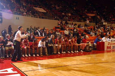 Union head coach Mark Campbell shouts instructions from the bench during Union's opening round win in the 2005 NAIA National Tournament. - Photo by Morris Abernathy