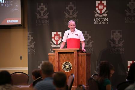 Dub Oliver, president of the university, welcomes guests to Homeschool Day at the U. - Photo by Kristi McMurry Woody