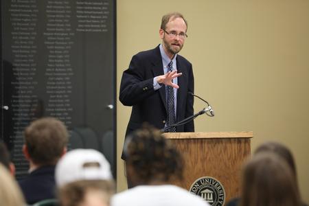 Doug Sweeney, dean of Beeson Divinity School, speaks at the STM Lecture in Coburn Dining Room.  - Photo by Kristi McMurry Woody