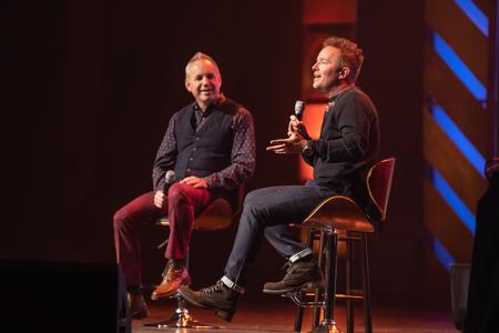Dub Oliver, president of the university, interviews Chris Tomlin during the annual Scholarship Banquet. - Photo by Kristi McMurry Woody