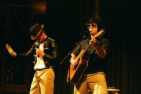 The Kings: Bailey as the King of Pop and Bean as the King of Rock n' Roll at their comedy show during New Student Orienation 2002. - Photo by Justin Veneman
