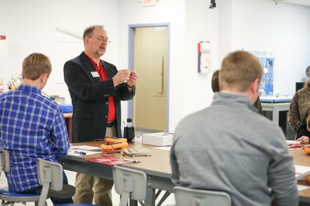 Randal Schwindt, professor of engineering, leads a demonstration for high school students during STEM day. - Photo by Kristi McMurry Woody