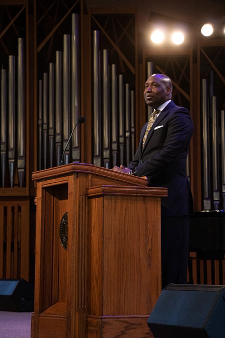 William Watson, pastor of Historic First Baptist Church in Jackson, preaches in chapel. - Photo by Joey Echeverria