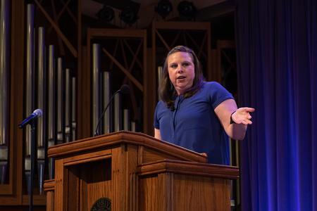 Julie Bradfield, senior director for university ministries, speaks in chapel during Global Focus week. - Photo by Joey Echeverria