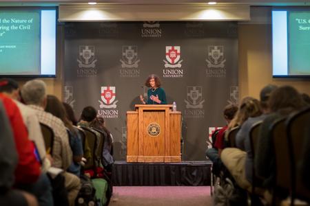 Joan Waugh of UCLA lectures during the afternoon portion of the Carls-Schwerdfeger History Lecture Series.  - Photo by Nikki Grim