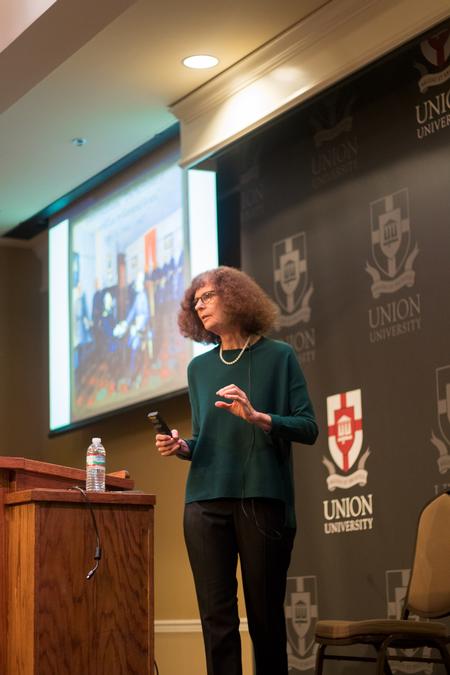 Joan Waugh of UCLA lectures during the afternoon portion of the Carls-Schwerdfeger History Lecture Series.  - Photo by Nikki Grim