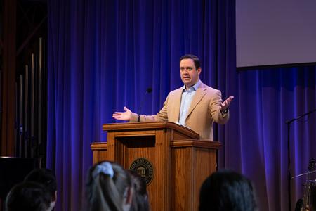 Adam Dooley, senior pastor at Englewood Baptist Church, speaks in chapel. - Photo by Joey Echeverria