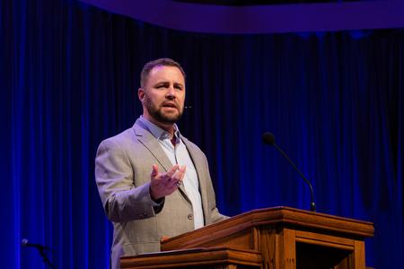 Jamie Dew, president of New Orleans Baptist Theological Seminary, speaks in chapel. - Photo by Joey Echeverria