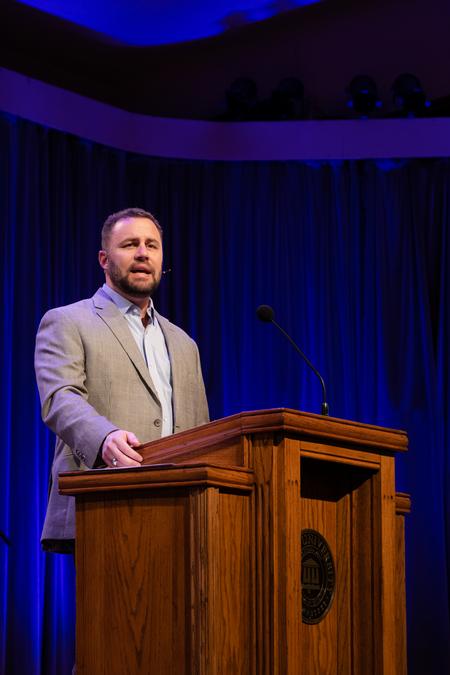 Jamie Dew, president of New Orleans Baptist Theological Seminary, speaks in chapel. - Photo by Joey Echeverria