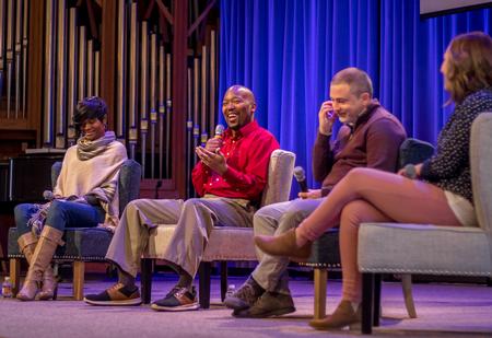 Yolanda and Kenny King and William and Glenna Marshall of
Grace Bible Fellowship in Sikeston, Missouri, sit on a panel in chapel. - Photo by Nikki Grim