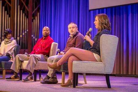 Yolanda and Kenny King and William and Glenna Marshall of
Grace Bible Fellowship in Sikeston, Missouri, sit on a panel in chapel. - Photo by Nikki Grim