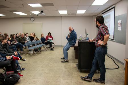 Aaron Hardin, assistant professor of communication arts, gives an artist lecture in the PAC. - Photo by Hannah Heckart